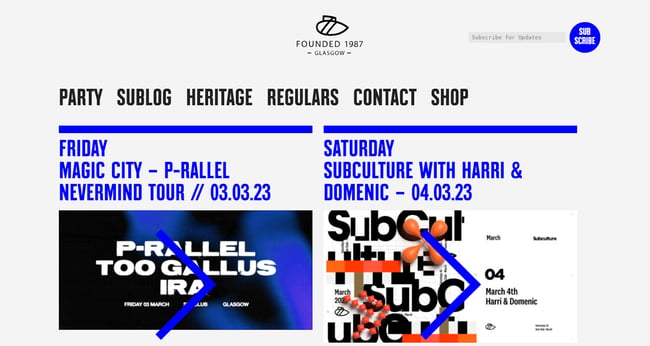 homepage for the nightclub website subclub