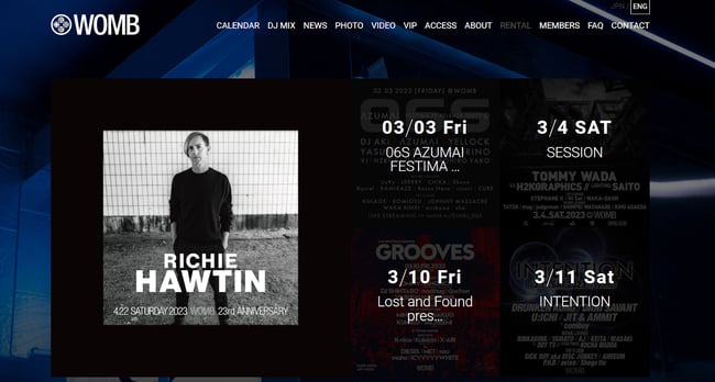 homepage for the nightclub website womb