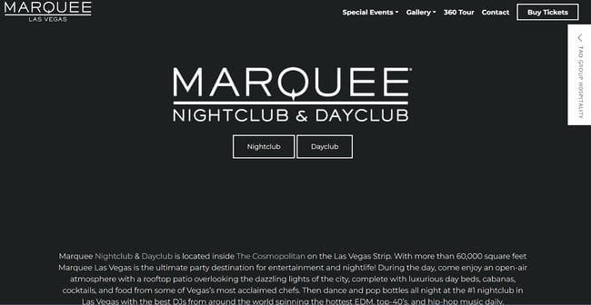 night club website design examples: marquee