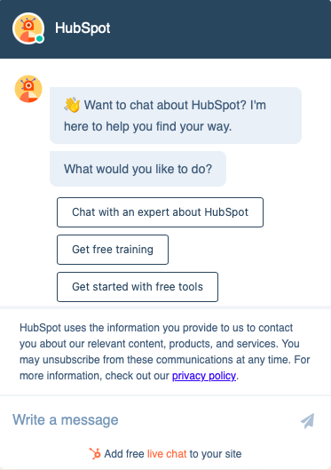 screenshot of a hubspot live chat window
