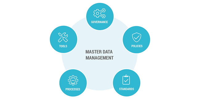 Diagram of master data management components: governance, policies, standards, processes, and tools