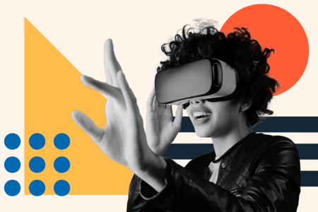 woman using a vr headset on a futuristic website