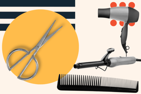 photo for a hair salon website including scissors, a curler, a hair dryer, and a comb