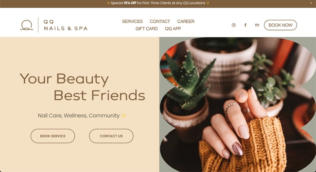 Best nail salon websites, example from QQ Nails & Spa.