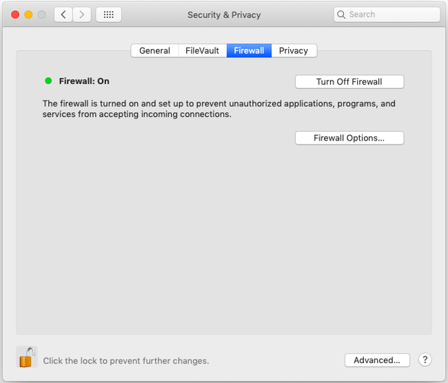 خاموش کردن فایروال در سیستم عامل Mac می تواند به رفع خطای 504 Gateway Timeout کمک کند