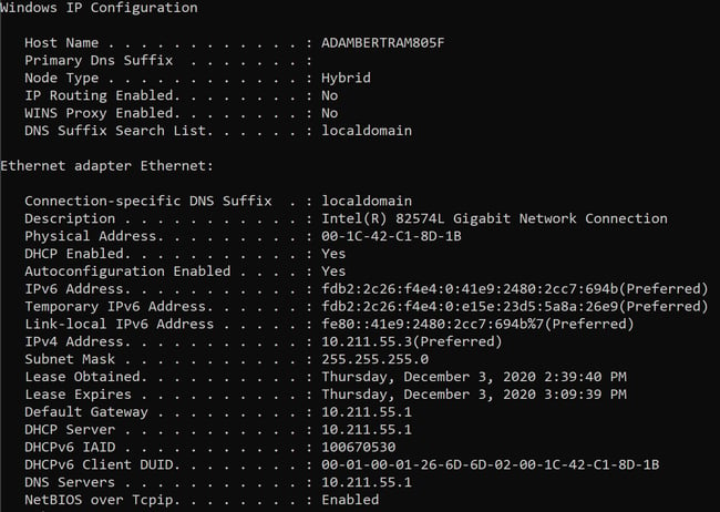 Type ipconfig/all in Windows 10 Command Prompt to check your DNS servers