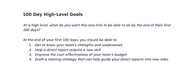 example of high level goals for new manager during first 30-60-90 days