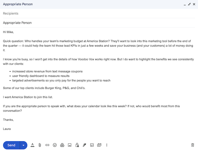 Example of B2B email for finding the right person to talk to