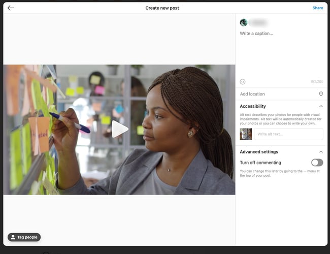 how to post video to instagram on desktop: write caption