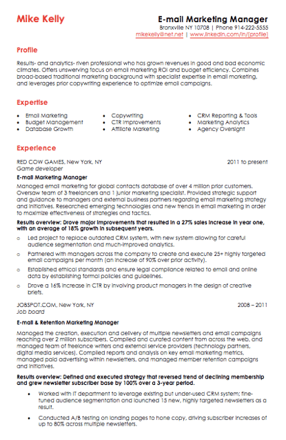 resume templates for word: Email marketing resume template with red header text