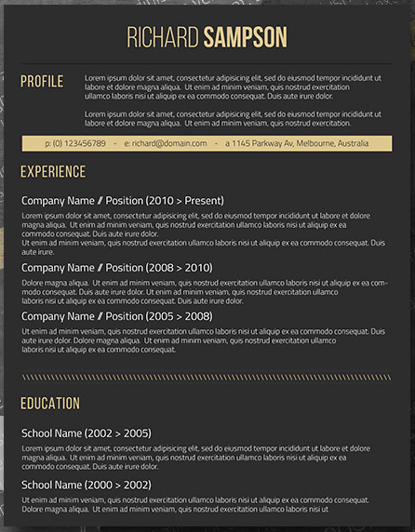  Dark resume template with black background and yellow font