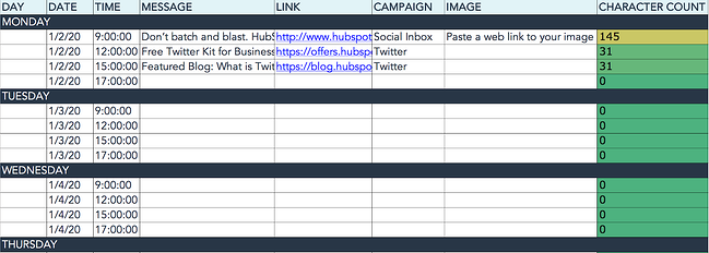 HubSpot societal media contented calendar for twitter