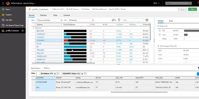 Informatica Data Quality UI showing results of data profiling analysis