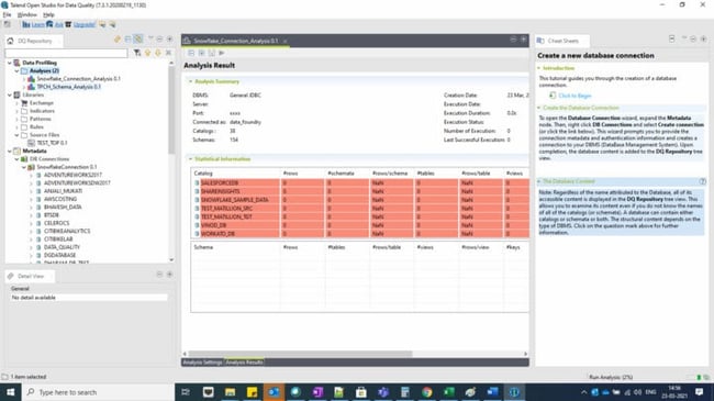 Talend Open Studio UI showing results of data profiling analysis