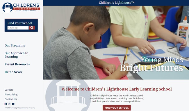 homepage for the daycare website children's lighthouse