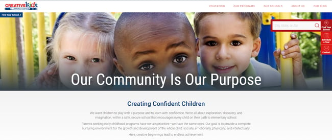 homepage for the daycare website creative kids learning center