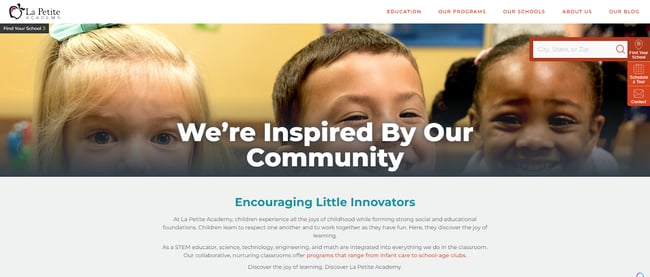 homepage for the daycare website la petit academy