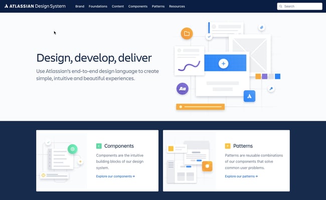 Atlassian Design system homepage features links to components and patterns