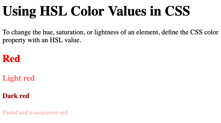 Headings of different hues, saturation, and lightness of red color created with HSL color values in CSS