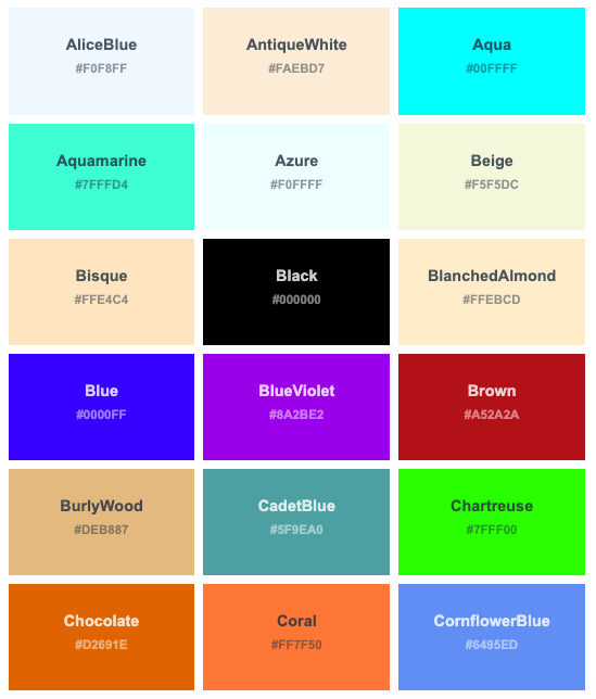 Color swatches shown with HTML color names and hex color codes