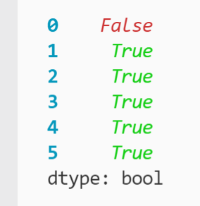Boolean Series showing True in rows two through six printed to the terminal
