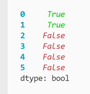 Boolean Series with first and second rows marked True printed to the terminal