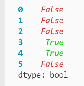 Boolean Series with fourth and fifth rows showing True printed to the terminal