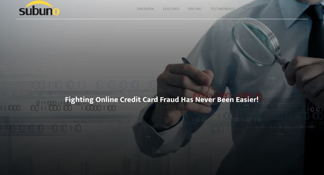 homepage for the ecommere fraud protection software subuno