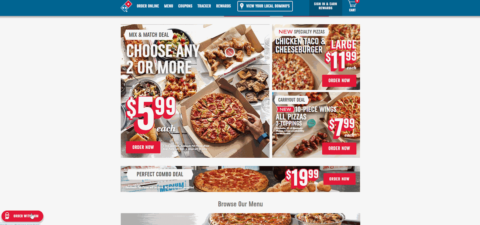 website chatbot examples: dominos chatbot that can be used to order a pizza