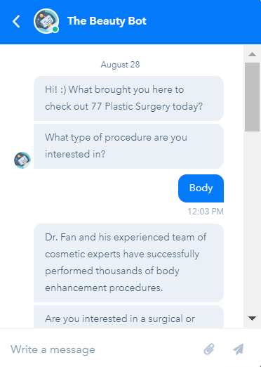 website chatbot examples: 77 plastic surgery