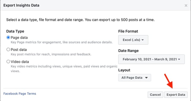 Data page export facebook details