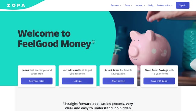 Financial website design example from Zopa
