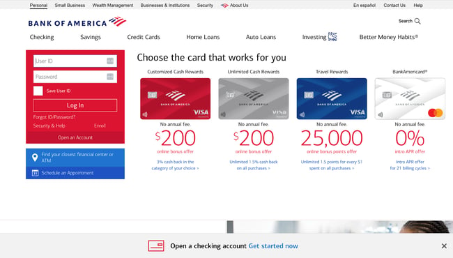 Financial website design example from Bank of America