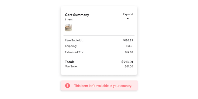 a checkout page telling the visitor that this order cannot deliver to their region