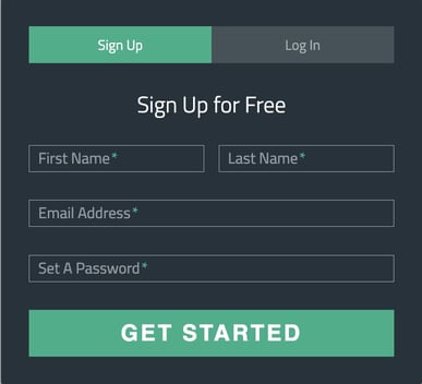 sign up and login form template with input fields for first/last name, email address, set a password and a get started button