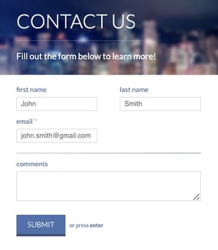 contact form with first name, last name, email and comments