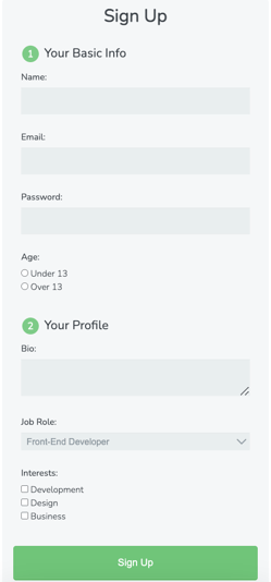 sign up html form with basic information and personal profile info