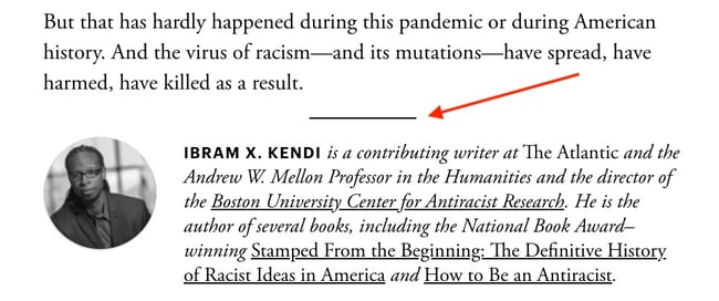 The Atlantic magazine uses a horizontal line to mark the end of an article before the author's bio