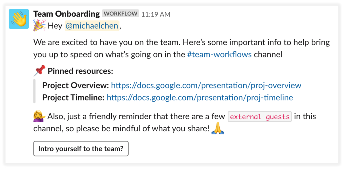 Slack Message from Team Onboarding via Workflow Builder tool