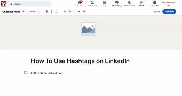 GIF shows how to add hashtags to posts on LinkedIn
