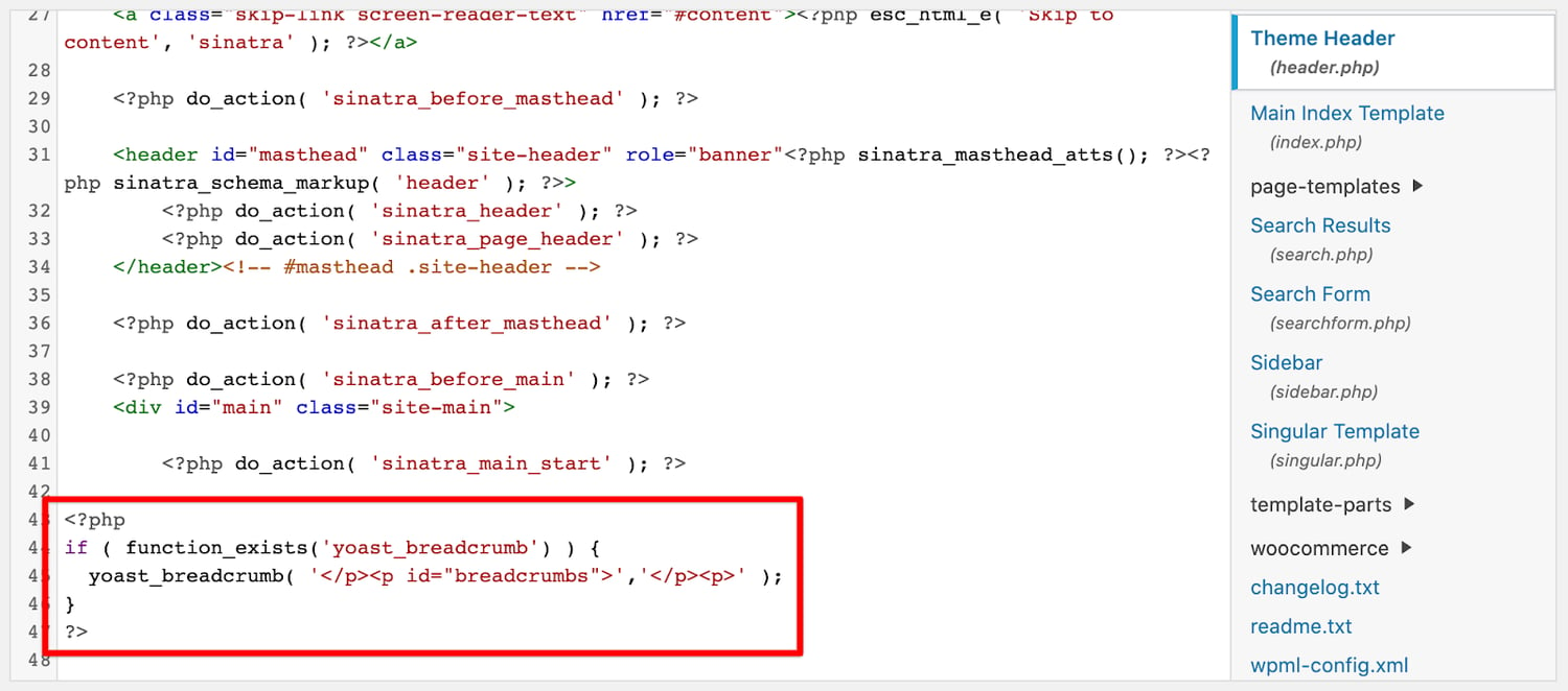 WordPress breadcrumbs code snipped placed in the header.php file