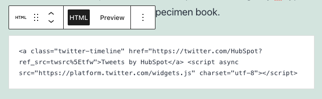 twitter feed embed code pasted in an html gutenberg block in wordpress