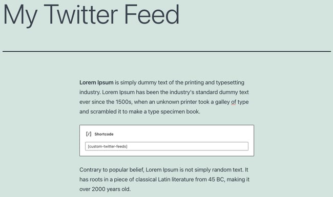 a twitter feed shortcode placed in a gutenberg block