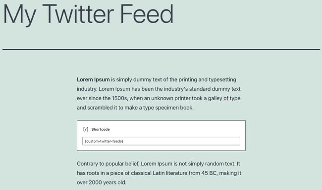 twitter feed for wordpress: a twitter feed shortcode placed in a gutenberg block