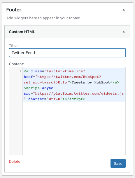 twitter feed for wordpress: twitter feed embed code pasted in a custom html widget in wordpress