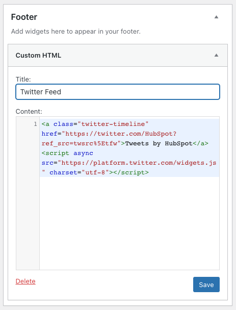 twitter feed embed code pasted in a custom html widget in wordpress