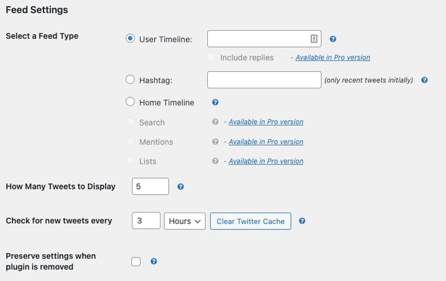 the feed settings menu in the Custom Twitter Feeds twitter feed plugin