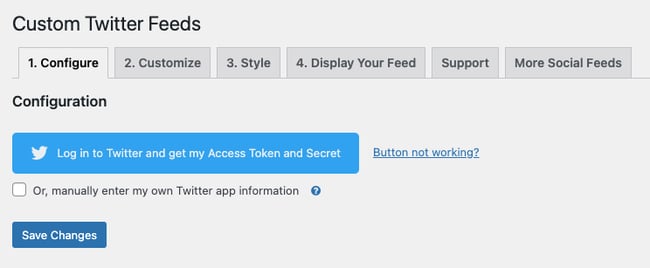 twitter feed for wordpress: the configuration screen in the Custom Twitter Feeds twitter feed plugin