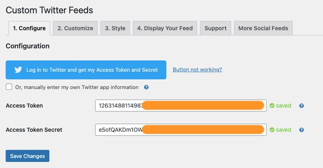 the configuration screen in the Custom Twitter Feeds twitter feed plugin