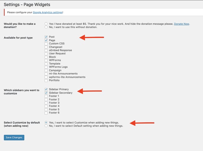 widgets de la página de configuración para agregar un widget a la página de WordPress